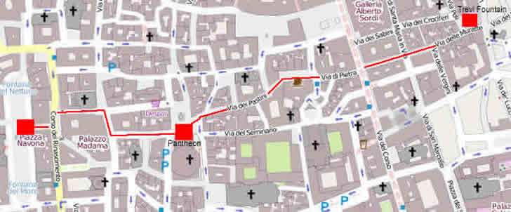 Map of walk between Trevi Fountain and Piazza Navona via the Pantheon