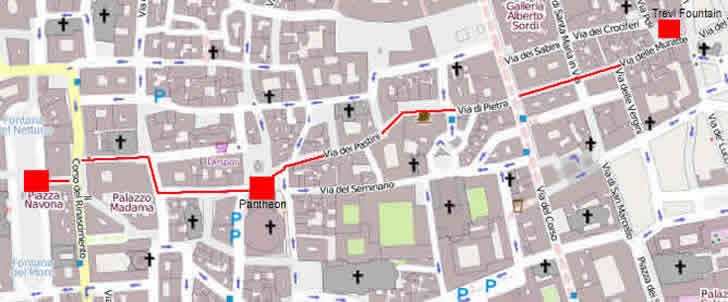 Map Of Walk Between Trevi Fountain And Piazza Navona via The Pantheon