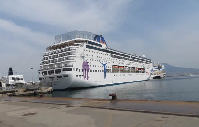 Cruise ships at Naples Port with Mount Vesuvius in background