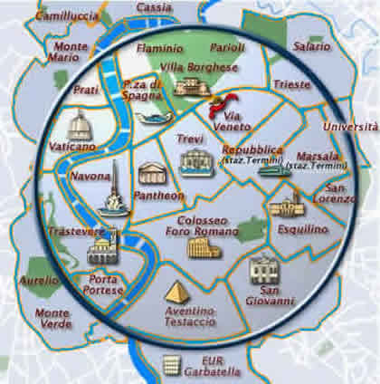 Mapa de los distritos hoteleros de Roma