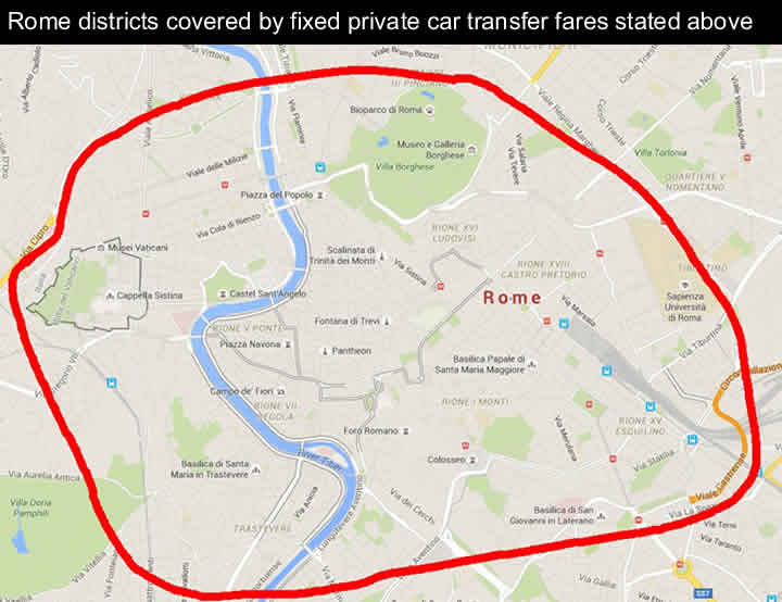City of Rome map for private taxi fares