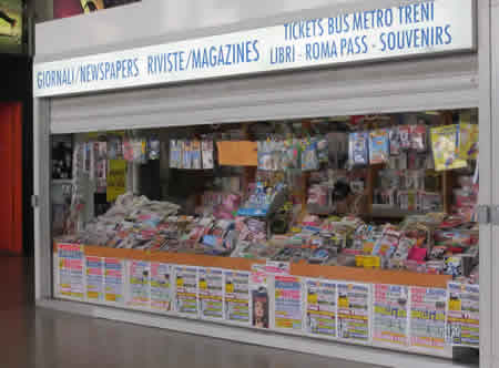 Typical newsstand / tobacconist selling Rome public transport tickets