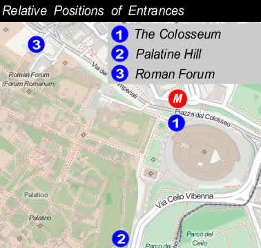 =Map of entrances to Colosseum, Roman Forum and Palatine Hill