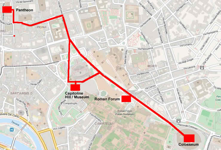 Map Of Walk Between The Pantheon and the Colosseum Rome