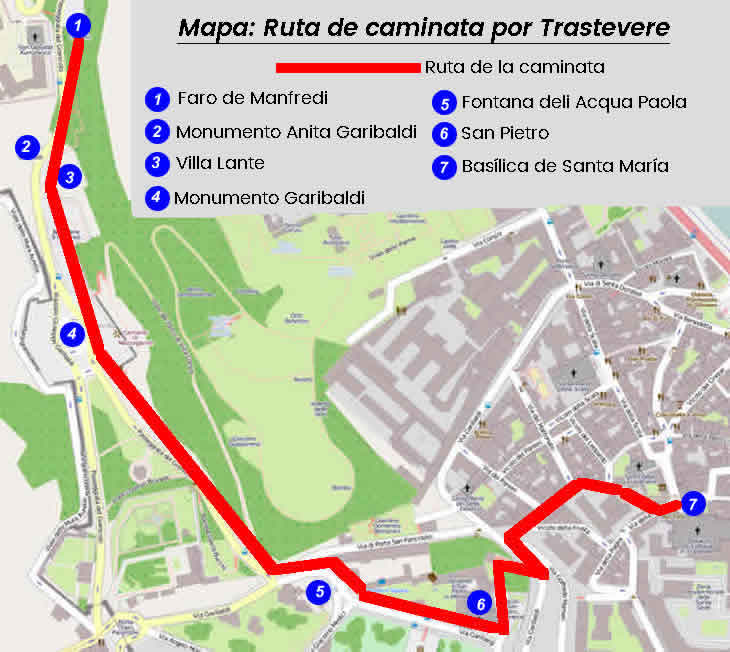 mapa de la ruta de la excursión por Trastevere